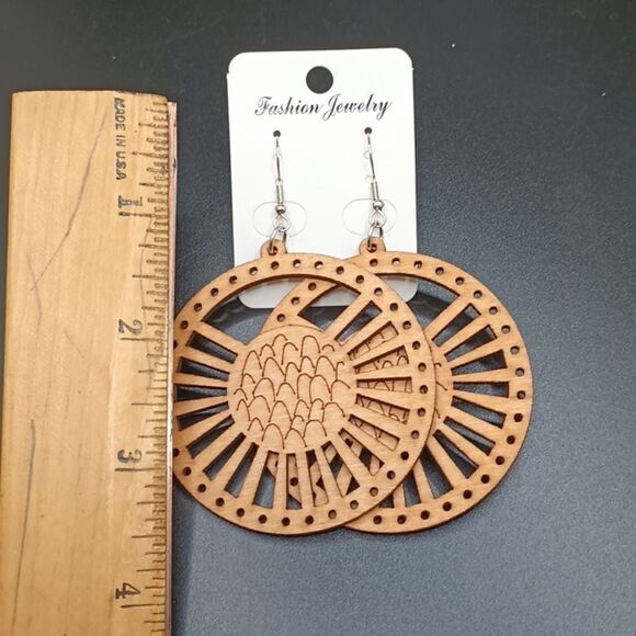 BOHO wood carved sunshine Mountain landscape earrings - Picture 3 of 4